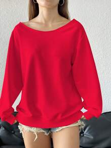 SHEIN EZwear 大码女式黑色露肩宽松纯色休闲长袖运动衫，适合秋冬季