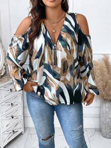 SHEIN Unity 大码女式全身印花露肩灯笼袖拉链半开襟时尚衬衫