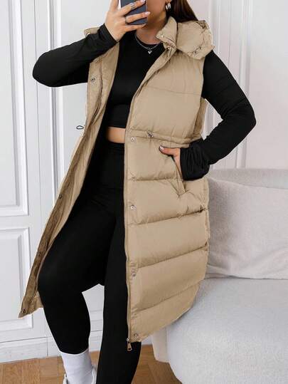EURMUSE Plus Size Long Hooded Black Winter Vest Jacket