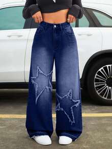 EURMUSE Women's Minimalist Daily Wear Pentagram Pattern Jeans - Dark Wash - View 4