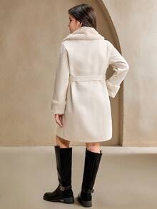 Tween Girl Coat Fall Clothes Fall Long Sleeve White Tween Girl Solid Color Fur Collar Zip Up Double-Breasted Mid-Length Jacket - Apricot - View 3
