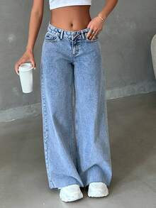 EURMUSE 100% Cotton Low Waist Raw Hem Snow Wash Wideleg Jean - Baby Blue - View 6