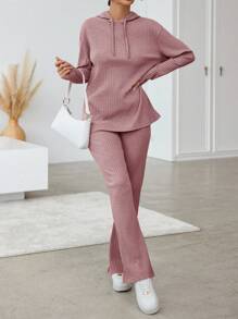 SHEIN Cottnline Women's Hooded Drawstring T-shirt And Pants Set - Dusty Pink - View 3