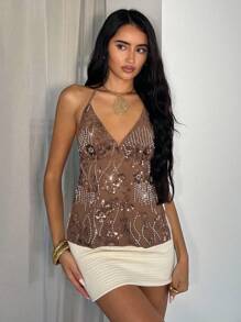 Glamine Glamine Romantic Shiny Coffee Brown Sequin Camisole For Summer Beach Vacation Beaded Top Rhinestone Top Brown Top Women Sequin Top Embroidered Top