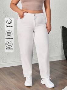RueChic 高腰休闲纯色妈妈装牛仔裤 - 白色 - 查看 1