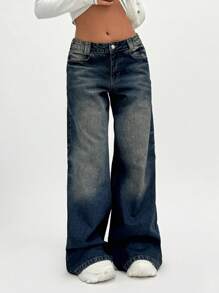 EURMUSE Low Waist Wash Detailed Wideleg Jean - Medium Wash - View 6