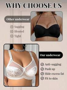 DesireSculpt Plus Size Mesh Patchwork Jacquard Wireless Bra, Lift - White - View 5