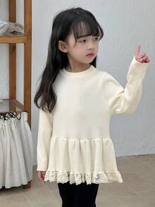 DAZY Young Girls Round Neck Ruffle Hem Loose Long Sleeve Sweater - Apricot - View 7