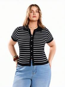 Solavibe 女式条纹翻领短袖前结短款开衫 - 黑與白 - 查看 6