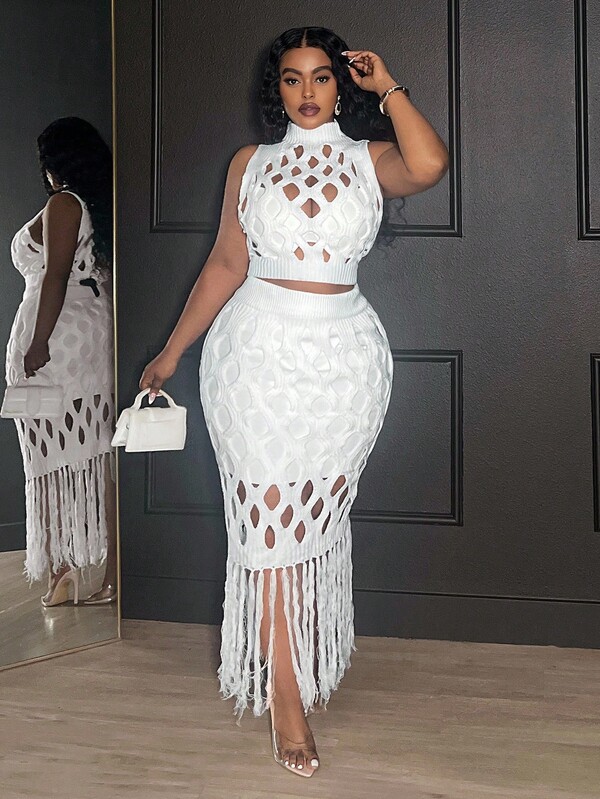 Veslaya Plus Size Casual Hollow Out Sleeveless Top And Skirt 2 Pieces Knit Set White Two Pieces Skirt Set Fringe Skirt Set Cutout Two Pieces Set Elegant Two Pieces Set In Fall/Winter