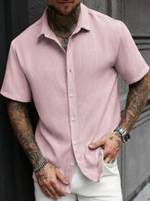 Manfinity CasualCool 白色仿亚麻领短袖衬衫亚麻男士衬衫男士衬衫纽扣玫瑰衬衫男士粉色亚麻衬衫男士杏色衬衫