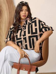 Zelara 大码女式秋季休闲日常几何印花长袖衬衫，休闲宽松舒适长款，适合居家和度假穿着，秋季、感恩节女式感恩节衬衫 - 彩色 - 查看 3