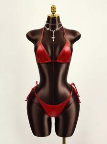 Zestiva Summer Beach Snakeskin Print Halter Bikini Set - Red - View 6