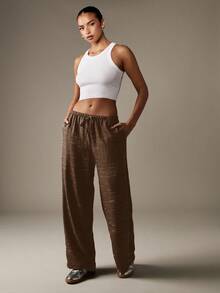 MISSGUIDED Quần Palazzo ống rộng có dây rút họa tiết, chất liệu vải lanh, mặc nhà, có cạp chun, hoàn hảo cho trang phục thường ngày mùa thu đông - Màu nâu Sô-cô-la - Xem 5