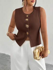 Firerie Damska metalowa ozdoba słoneczna z okrągłym dekoltem, modna dzianinowa kamizelka w dużym rozmiarze, bez rękawów, dzianinowy top w kolorze brązowym, damska letnia bluzka, dzianinowy top, sweter, kamizelka na jesień/zimę