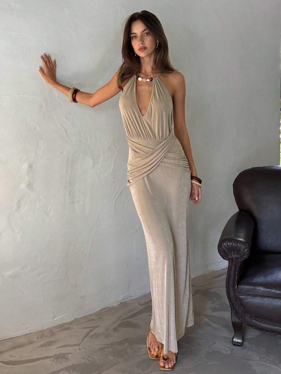Aloruh Vestido longo feminino com gola franzida e contas, elegante e sexy para festa, para o verão, outono, para sair - Caqui - Ver 1