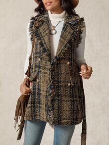 Boho Mama 孕妇格子翻领双排扣无袖优雅常规外套 - 棕色 - 查看 6