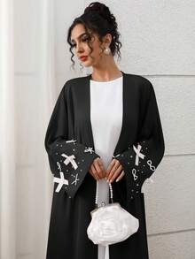 Yasmyna 女士优雅串珠蝴蝶结装饰阿拉伯长袍 - 黑色 - 查看 1