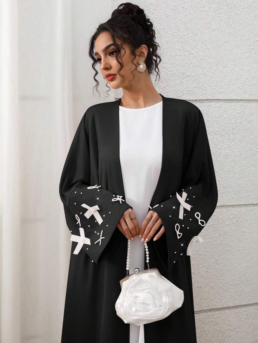 Yasmyna 女士优雅串珠蝴蝶结装饰阿拉伯长袍 - 黑色 - 查看 1