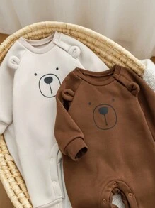 2件套新生儿卡通印花圆领长袖连体衣，摩卡色图案，男女宝宝通用连体衣，中性婴儿服装，男女宝宝小熊连体衣，秋冬季 - 彩色 - 查看 4