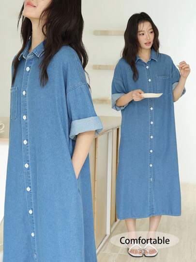 SHEIN Unity 女士秋季牛仔蓝色单排扣休闲宽松牛仔连衣裙、返校服装、女士机场服装、女士教师服装、女士外出上衣、女士生日服装、女士办公室服装