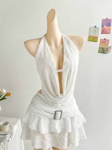 Soleia Spring & Summer Vacation Sexy Halter Draped Neck Backless Tie Strap Double-Layered Hem Metal Buckle Accent Women Mini Dress, Suitable For Music Festivals, Boho, Holidays, Dates, Cruises, Beach - White - View 6