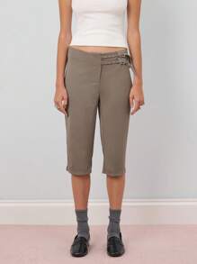 COUREZ Tailored Capris Pants With Waist Buckle Detail /Y2K Going Out Cute - Dark Grey - View 4