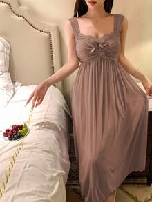 DAZY Romantic Mesh Knit Fabric Ruched Design Lace Patchwork Slip Dress For Women Pajama - Brown - View 3