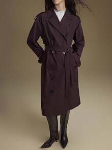 Ontre 2025新款现代都市风深棕色中长款女式风衣翻领宽松版型肩带长袖真口袋商务通勤休闲风秋季服装 - 鏽棕色 - 查看 2