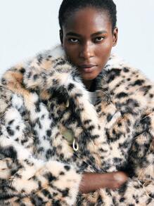 Maija Animal Print Fluffy Faux Fur Leopard Print Oversized Loose Fit Autumn/Winter Women Fur Coat, Urban Fashionable & Versatile, Fall For Women, Halloween Costumes, Christmas Women's Winter Coat New Year Brown Party - Multicolor - View 2