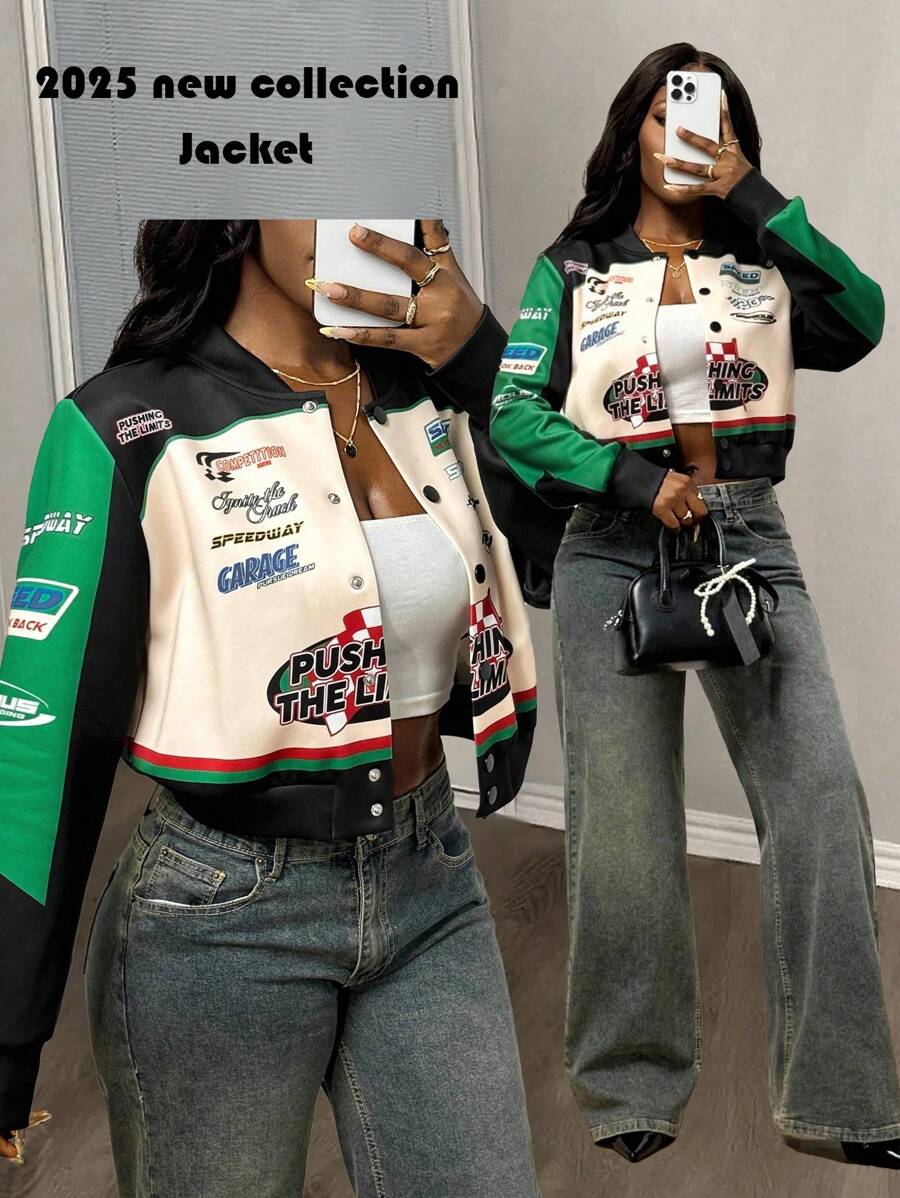 Slaydiva 2025新款早秋冬休闲街头日常约会机车复古棒球夹克口号Logo杏色拼接黑绿印花落肩长袖宽松外套针织面料女装