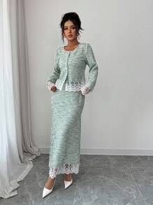 Modelyn Bộ 2 món thanh lịch dành cho nữ: Áo dài tay viền ren phong cách Pháp và chân váy midi - màu xanh lá - Xem 5