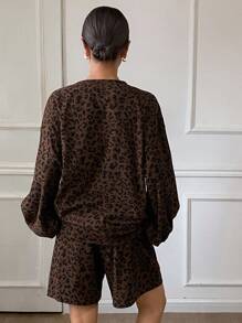 Livesso Bộ đồ mặc nhà mùa Thu/Đông mới, kiểu dáng rộng rãi, thoải mái, họa tiết da báo màu nâu dành cho nữ. - màu nâu - Xem 2