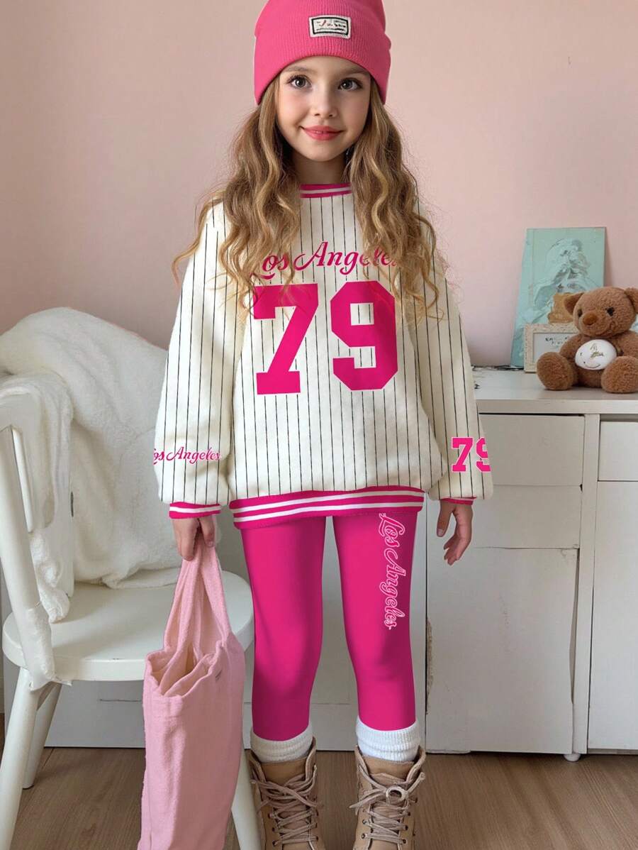 SHEIN 2 件套年轻女孩休闲运动衫套装，“洛杉矶”79 号图案印花条纹圆领长袖运动衫和紧身裤，适合秋冬季，年轻女孩服装 - 彩色 - 查看 1