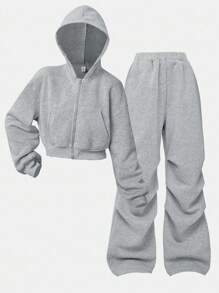 Girlism Teen Girls Casual Knit Hooded Sweatshirt & Sweatshirt Co-Ord Set/Autumn/Winter/Halloween,Glowmode,Fall,Halloween/Autumn/Christmas/Holiday/Festival/Winter - Grey - View 4