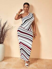Veslaya Vestido maxi ajustado de punto asimétrico con hombros y rayas, ideal para mujer talla grande en primavera/verano 2025 - Estilo vintage, tropical, festival de música, club, viaje por carretera, casual, vacaciones en la ciudad, graduación, vacaciones elegantes - B - Blanco y Negro - Ver 1