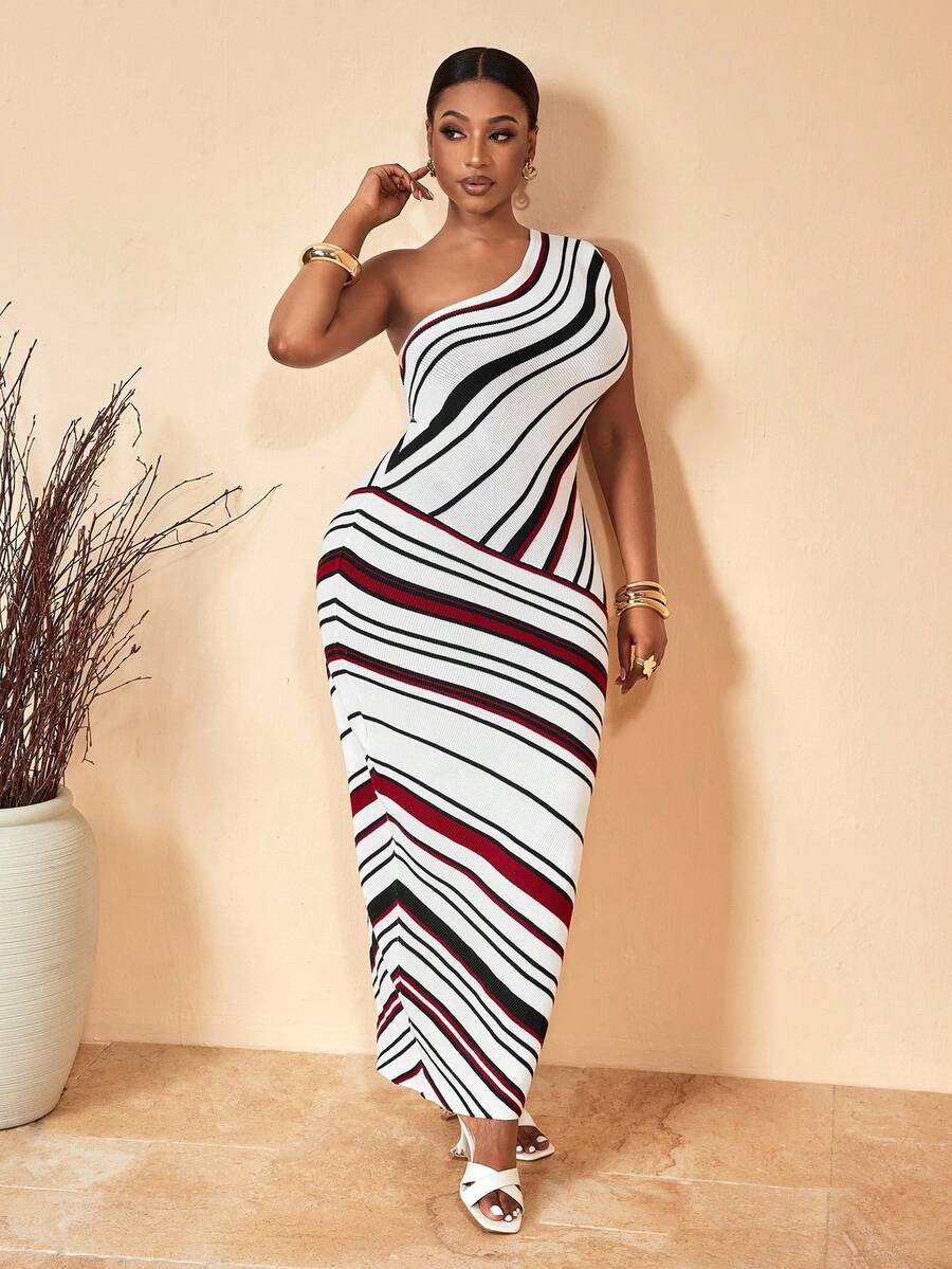 Veslaya Vestido maxi ajustado de punto asimétrico con hombros y rayas, ideal para mujer talla grande en primavera/verano 2025 - Estilo vintage, tropical, festival de música, club, viaje por carretera, casual, vacaciones en la ciudad, graduación, vacaciones elegantes - B - Blanco y Negro - Ver 1