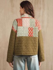 Anewsta 女士秋冬时尚印花拼布夹棉军绿色长袖夹棉大衣 - 軍綠色 - 查看 5