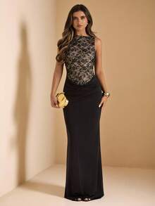 SHEIN BAE 女士黑色无袖蕾丝拼接优雅鱼尾裙，适合婚礼、伴娘、婚礼宾客，黑色连衣裙 - 黑色 - 查看 1