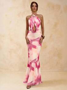 SHEIN BAE 女式优雅花卉印花露背鱼尾下摆连衣裙，夏季 - 粉色 - 查看 5