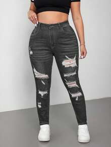 SHEIN Cottnline Plus Size Medium Wash Blue High Stretch Skinny Distressed Sexy Jeans - Grey - View 5