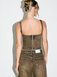 KIZN Vintage Style Denim Corset Top Bustier Strapless Sweetheart Neckline Brown Washed Wide Strap Tank Crop Festival Western Cottagecore Autumn Fashion - Khaki - View 2
