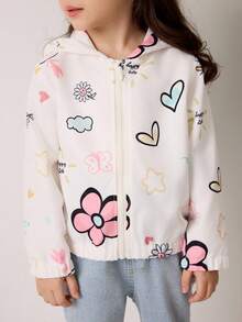 年轻女孩心形和花卉印花长袖拉链休闲连帽夹克 - 彩色 - 查看 6