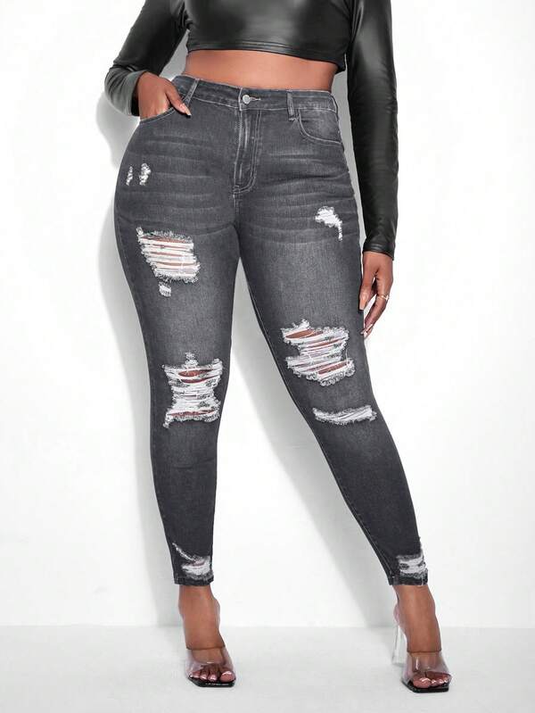 EURMUSE Plus Size Women High Waist Pockets Distressed Skinny Casual Versatile Jeans