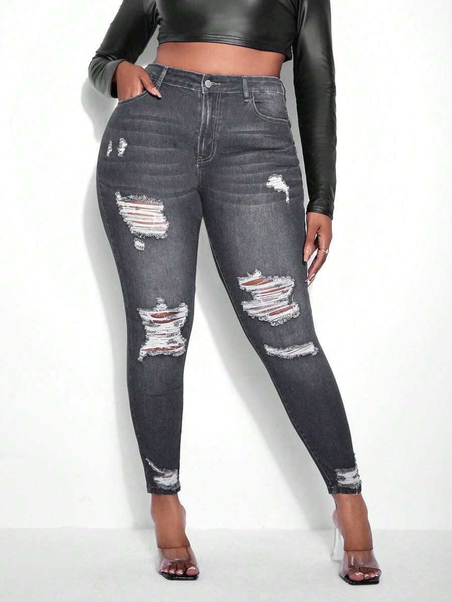 SHEIN Cottnline Plus Size Women High Waist Pockets Distressed Skinny Casual Versatile Jeans - Grey - View 1