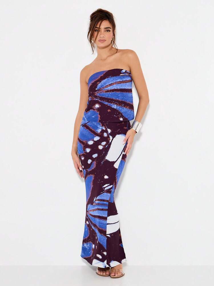KIZN Strapless Bodycon Top And High Slit Maxi Skirt With Abstract Print