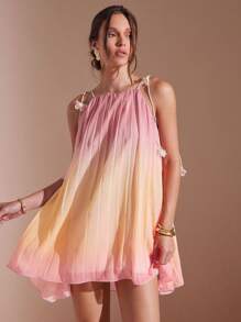 L'Amorae 女士优雅渐变色褶饰吊带背心迷你连衣裙，夏季 - 彩色 - 查看 3