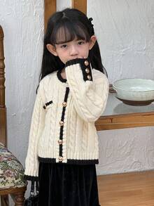DAZY Cárdigan de cuello redondo con trenzado frontal de estilo coreano de punto de cable para niña, otoño e invierno - Blanco - Ver 7