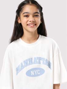 SUMWON Manhattan NYC Varsity Logo Oversized Tween T-Shirt Co-Ord Set Wide Leg Pants Wear Matching Two Piece Comfort Wear - Blue - View 5