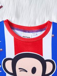 Paul Frank X SHEIN 2 件套小男孩卡通图案圆领短袖上衣和紧身裤睡衣套装，休闲有弹性 - 藍色 - 查看 4